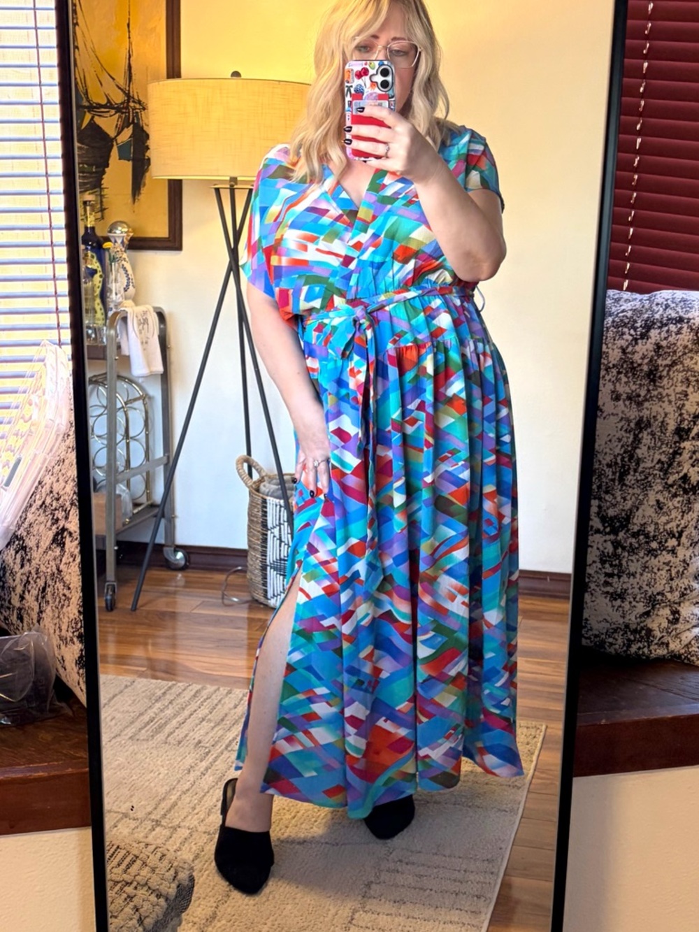 loralette Blue Multi Geometric Maxi shirt Dress with Tie belt Sz 18/20 2x plus